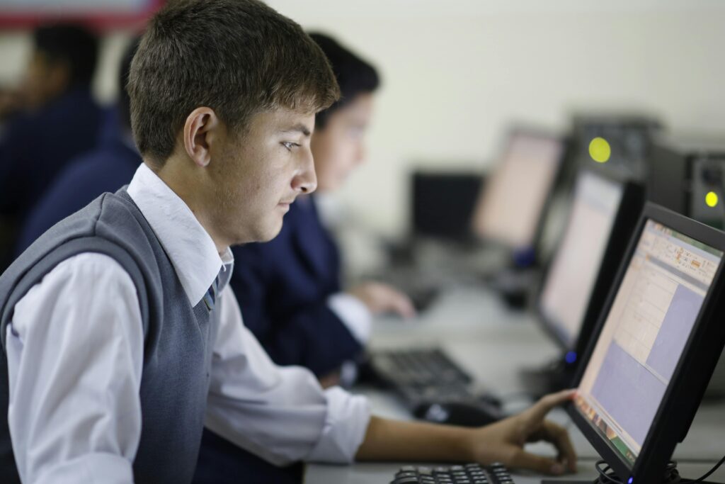 Teenage student concentrating in computer lab using a desktop computer at school.